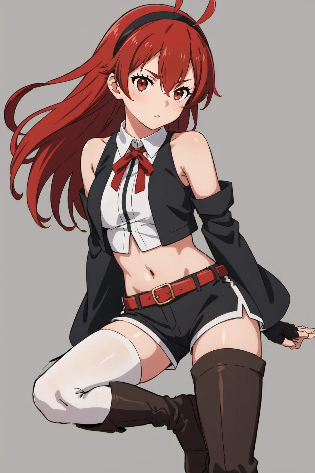 (masterpiece, best quality), intricate details,
1girl, solo,<lora:eristest:0.8> eris greyrat, ahoge, hair between eyes, long hair, (red eyes:1.5), red hair, sidelocks, (small breast:1.2), eris greyrat, ahoge, hair between eyes, long hair, (red eyes:1.5), red hair, sidelocks, (large breast:1.2), black hairband, black ribbon
brown skirt, hairband, long sleeves, neck ribbon, pantyhose, ribbon, shirt, shoulder cutout, skirt, white pantyhose, white shirt, wide sleeves, bare arms, bare shoulders, belt, black footwear, black gloves, black shorts, black thighhighs, boots, crop top, fingerless gloves, gloves, hairband, black hairband, midriff, navel, shirt, short shorts, shorts, sleeveless, sleeveless shirt, stomach, thigh boots, thighhighs, white shirt, wing collar,