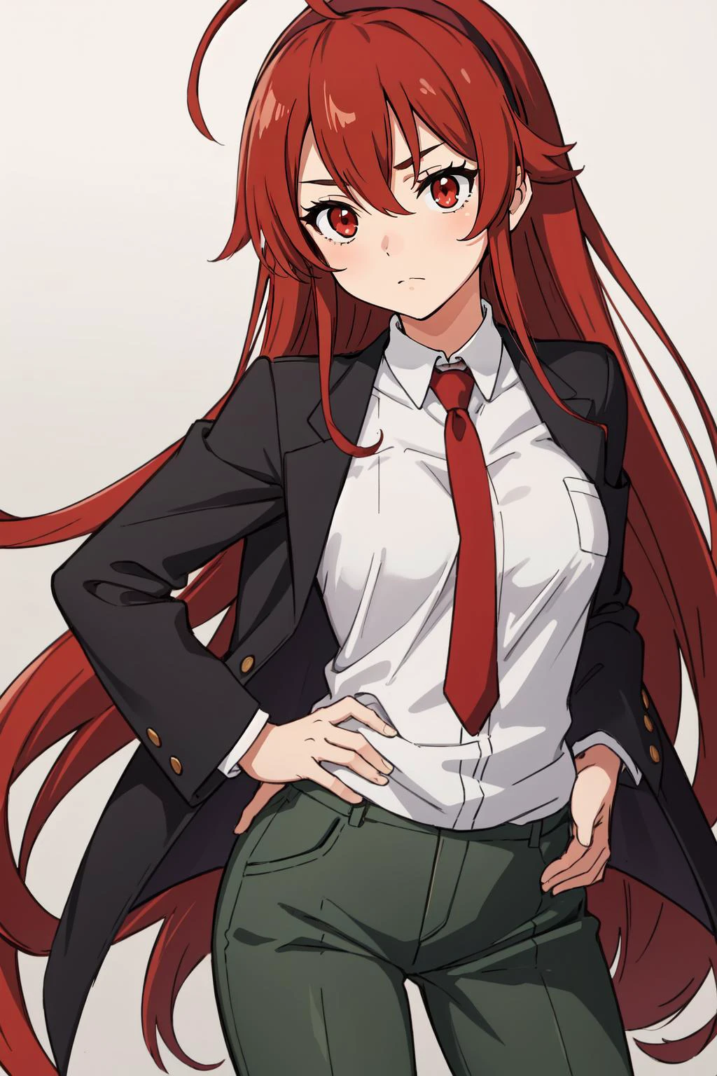 (masterpiece, best quality), intricate details,
1girl, solo,<lora:eristest:0.8> eris greyrat, ahoge, hair between eyes, long hair, (red eyes:1.5), red hair, sidelocks, (small breast:1.2), eris greyrat, ahoge, hair between eyes, long hair, (red eyes:1.5), red hair, sidelocks, (large breast:1.2), black hairband, black ribbon
<lora:attire_uauniforms:0.8> u.a. school uniform, grey jacket, red necktie, green skirt, green pants,