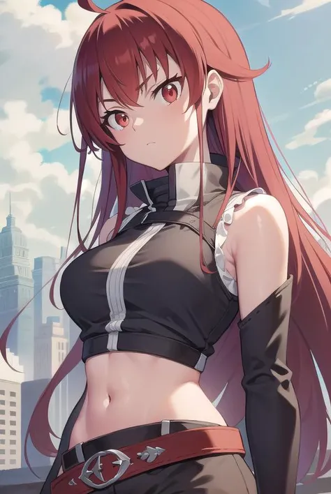 erisgreyrat, <lora:eristest:1>,
eris greyrat, ahoge, hair between eyes, long hair, (red eyes:1.5), red hair, sidelocks, (large breast:1.2),
BREAK bare arms, bare shoulders, belt, black footwear, black gloves, black shorts, black thighhighs, boots, crop top, fingerless gloves, gloves, midriff, navel, shirt, short shorts, shorts, sleeveless, sleeveless shirt, stomach, thigh boots, thighhighs, white shirt, wing collar
BREAK looking at viewer,
BREAK outdoors, city,
BREAK <lora:GoodHands-vanilla:1>, (masterpiece:1.2), best quality, high resolution, unity 8k wallpaper, (illustration:0.8), (beautiful detailed eyes:1.6), extremely detailed face, perfect lighting, extremely detailed CG, (perfect hands, perfect anatomy),