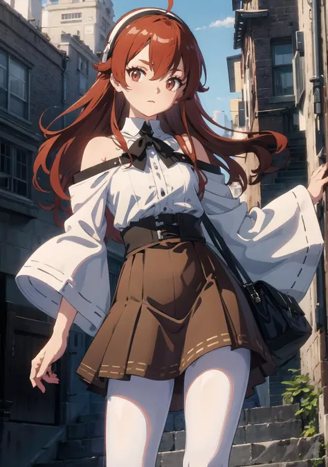 erisgreyrat, <lora:eristest:1>, eris greyrat, ahoge, hair between eyes, long hair, (red eyes:1.5), red hair, sidelocks, (small breast:1.2), BREAK black hairband, black ribbon, brown skirt, hairband, long sleeves, neck ribbon, pantyhose, ribbon, shirt, shoulder cutout, skirt, white pantyhose, white shirt, wide sleeves, BREAK looking at viewer, BREAK outdoors, city, BREAK <lora:GoodHands-vanilla:1>, (masterpiece:1.2), best quality, high resolution, unity 8k wallpaper, (illustration:0.8), (beautiful detailed eyes:1.6), extremely detailed face, perfect lighting, extremely detailed CG, (perfect hands, perfect anatomy),