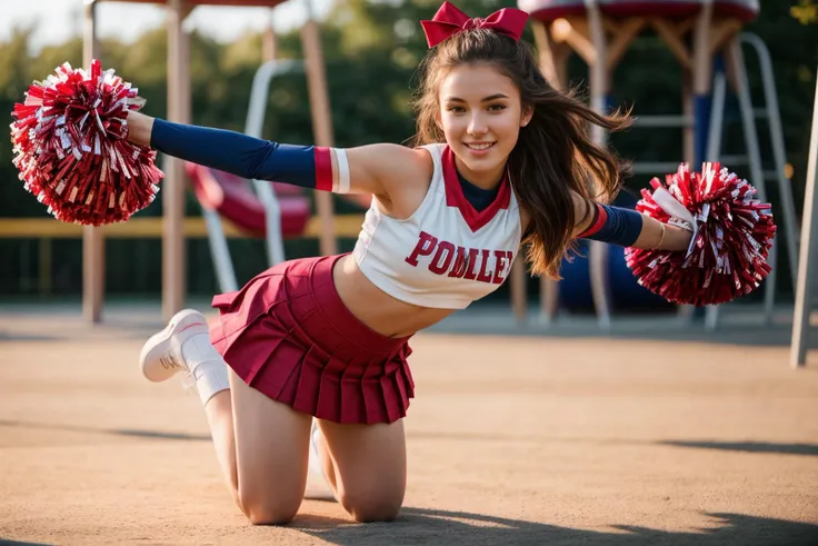 full body,photo of a 18 year old girl,cheerleader,pom pom \(cheerleading\),kneeling,happy,crop top,pleated upskirt,outdoor,playground,ray tracing,detail shadow,shot on Fujifilm X-T4,85mm f1.2,depth of field,blurry background,bokeh,motion blur,<lora:add_detail:1>,