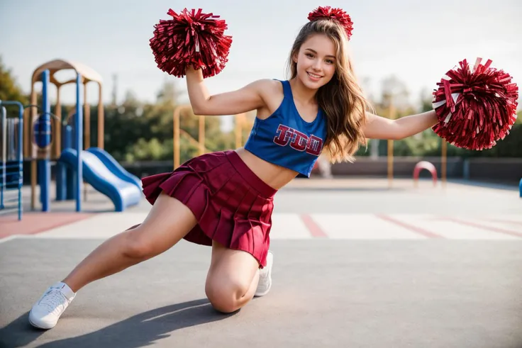 full body,photo of a 18 year old girl,cheerleader,pom pom \(cheerleading\),on one knee,happy,crop top,pleated upskirt,outdoor,playground,ray tracing,detail shadow,shot on Fujifilm X-T4,85mm f1.2,depth of field,blurry background,bokeh,motion blur,<lora:add_detail:1>,