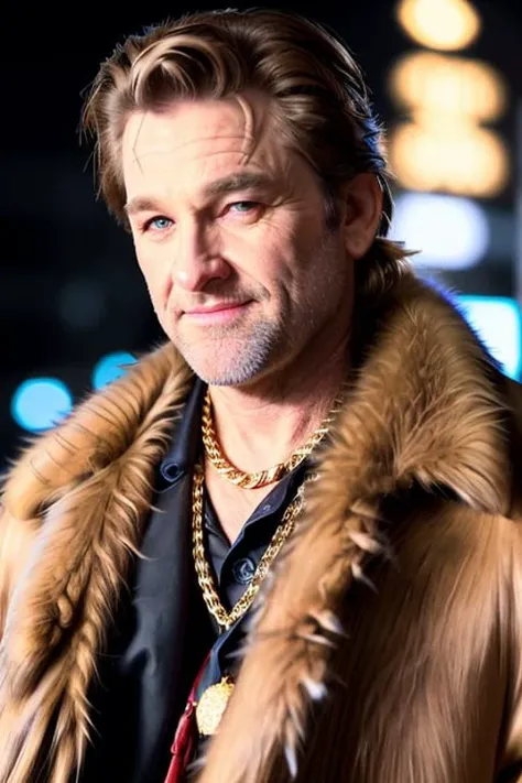 a caucasian man <lora:k0rtr0ss3l:1>, a pimp in a button up shirt, fur coat, (gold chains), in the street at midnight, smiling, cinematic lighting, highly detailed face, upper body, RAW, UHD, 4k, bokeh, night time, ominous, (candid, amateur)