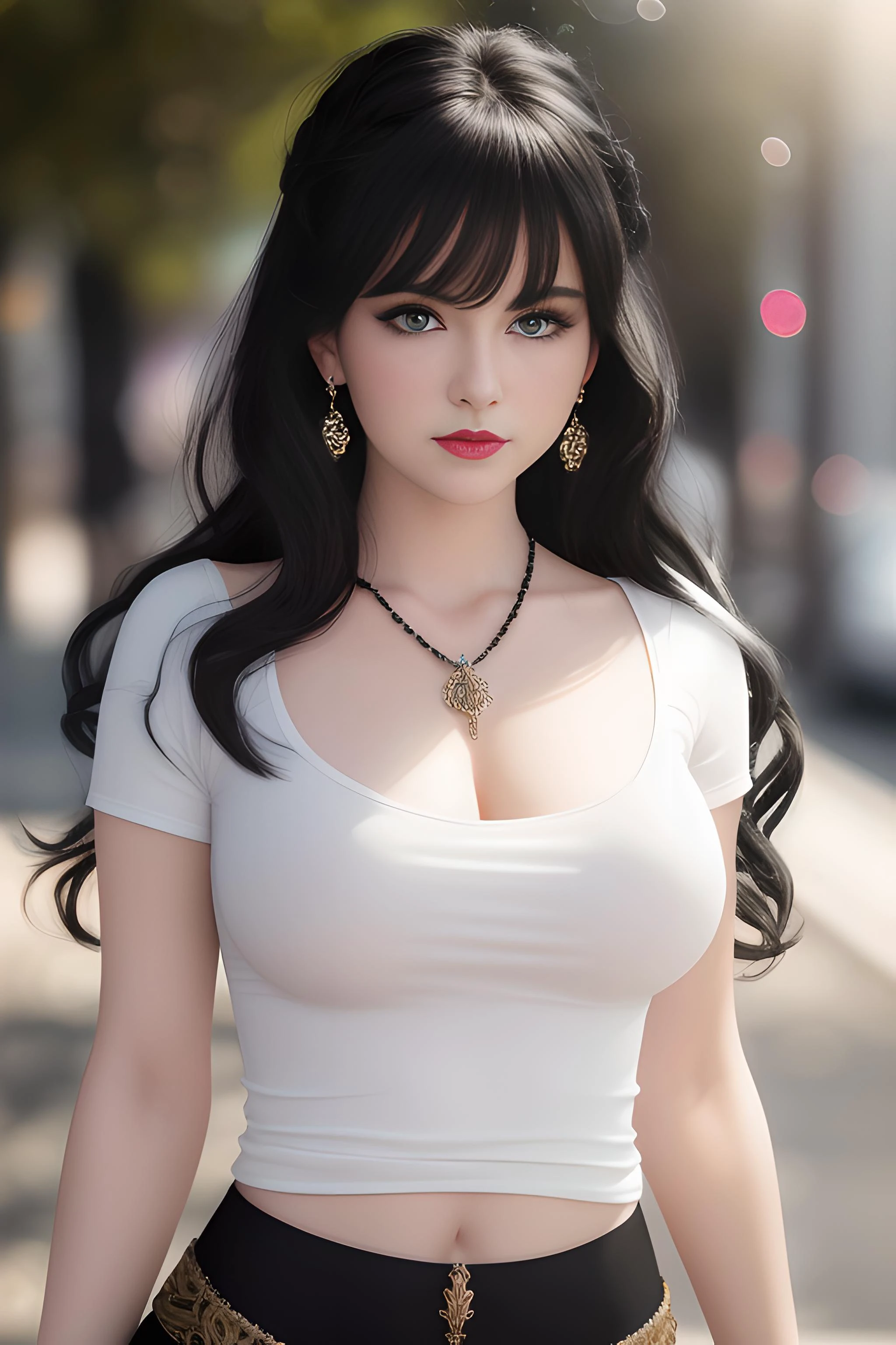((best quality)),((masterpiece)),((ultra high res)), (intricate details), (soft lighting), cinematic, dramatic, composition, sunny sky, brutalist, hyper realistic, epic scale, sense of awe, insane level of details, 1woman, (beautiful body), hot pants, (white top) (short and tight top), (full body shot), (black long hair:1.5),35mm, sharp, hyper realism, necklace, (detailed ornaments), hair ornament, earrings, bracelet, rings, soft lips, pink lipstick, blue eyes, narrow waist, normal breast, real human skin, lens flare, shade, backlighting, depth of field, natural lighting, street background, little smile, blush, depth of field
