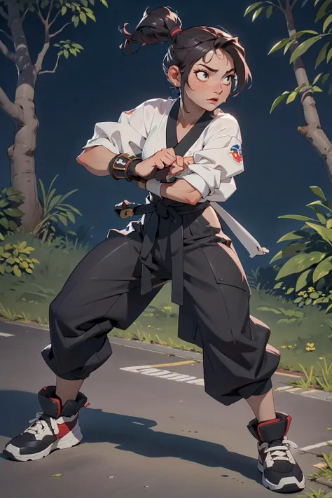 1girl, (masterpice), (high resolution), (8K), (extremely detailed), (4k), (CG), (perfect face), (nice eyes and face), (best quality), (super detailed), (detailed face and eyes), (solo), (360 view), (textured skin), ninja, ((outdoors)), braided ponytail, (fighting stance), fighting, (dynamic pose), full body, japanese clothes, 