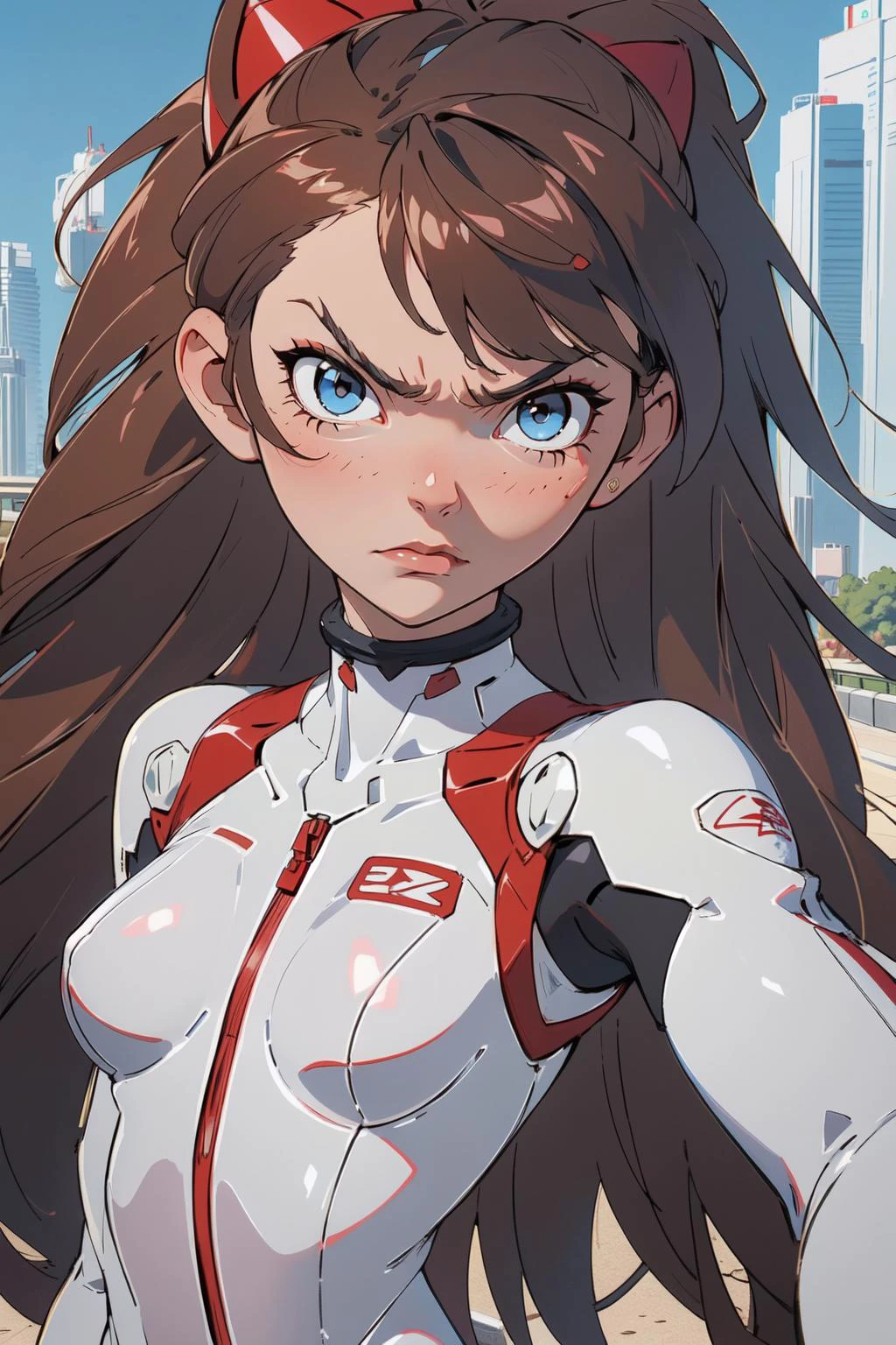 1girl, (masterpice), (high resolution), (8K), (extremely detailed), (4k), (pixiv), (perfect face), (best quality), (nice face and eyes), (super detailed), (solo), <lora:Asuka:0.8>, asuka, white_bodysuit, red_bodysuit, mecha, skyline, outdoors, (angry:1.2), looking at viewer, (pov), (selfie)
