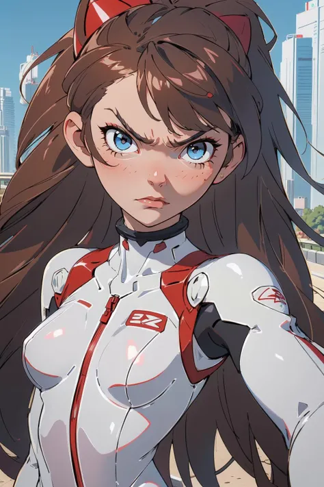 1girl, (masterpice), (high resolution), (8K), (extremely detailed), (4k), (pixiv), (perfect face), (best quality), (nice face and eyes), (super detailed), (solo), <lora:Asuka:0.8>, asuka, white_bodysuit, red_bodysuit, mecha, skyline, outdoors, (angry:1.2), looking at viewer, (pov), (selfie)