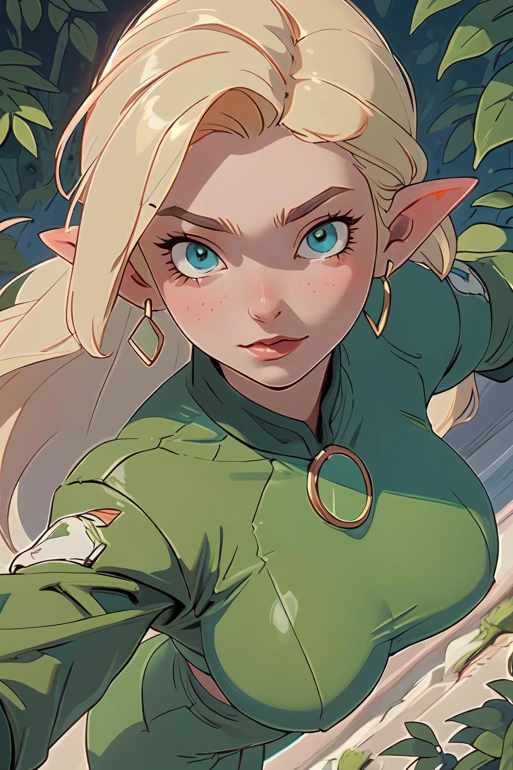 1girl, (masterpice), (high resolution), (8K), (extremely detailed), (4k), (perfect face), (nice eyes and face), (best quality), (super detailed), (detailed face and eyes), (solo), (dynamic pose), sexy, elf, pointy ears, nature, tress, (large breasts), (from above), (green clothes), blonde hair,