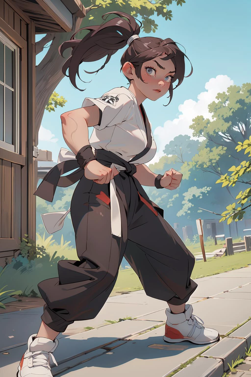 1girl, (masterpice), (high resolution), (8K), (extremely detailed), (4k), (CG), (perfect face), (nice eyes and face), (best quality), (super detailed), (detailed face and eyes), (solo), (360 view), (textured skin), ninja, ((outdoors)), braided ponytail, (fighting stance), fighting, (dynamic pose), full body, japanese clothes,