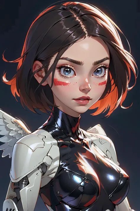 1girl, (masterpice), (high resolution), (8K), (extremely detailed), (4k), (pixiv), (perfect face), (nice eyes and face), (best quality), (super detailed), (detailed face and eyes), (solo), <lora:Gally:0.7>, short hair, black hair, brown eyes, bodysuit, facial mark, mechanical arms, cyberpunk, facepaint, android, gally, flowers, garden, (angel wings), modeling, sexy