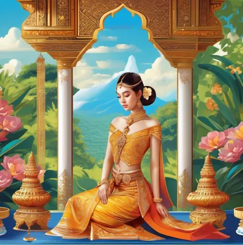 isometric style (masterpiece), best quality, ultra high res, ,(1girl:1.3) , (princess:1.3),sitting,beautiful face,( thailand ancient tradition palace:1.3),( garden:1.3),(cute girl:1.3), (day:1.3), blue sky, ( thai traditional dress:1.3),(traditional body strap:1.2) ,detailed background , big breasts , hair_bun, hair_ornament, hair_stick, jewelry , necklace, (seductive:1.3) , (intent looking:1.5) ,( looking at viewer:1.5),(from side view:1.5), <lora:thaidressgirls:1> . vibrant, beautiful, crisp, detailed, ultra detailed, intricate