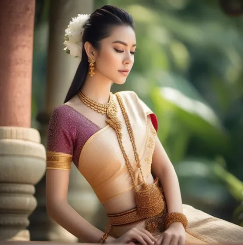 cinematic film still (masterpiece), best quality, ultra high res, ,(1girl:1.3) , (princess:1.3),sitting,beautiful face,( thailand ancient tradition palace:1.3),( garden:1.3),(cute girl:1.3), (day:1.3), blue sky, ( thai traditional dress:1.3),(traditional body strap:1.2) ,detailed background , big breasts , hair_bun, hair_ornament, hair_stick, jewelry , necklace, (seductive:1.3) , (intent looking:1.5) ,( looking at viewer:1.5),(from side view:1.5), <lora:thaidressgirls:1> . shallow depth of field, vignette, highly detailed, high budget, bokeh, cinemascope, moody, epic, gorgeous, film grain, grainy