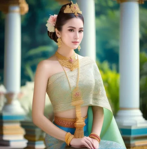 (masterpiece), best quality, ultra high res, ,(1girl:1.3) , (princess:1.3),sitting,beautiful face,( thailand ancient tradition palace:1.3),( garden:1.3),(cute girl:1.3), (day:1.3), blue sky, ( thai traditional dress:1.3),(traditional body strap:1.2) ,detailed background , big breasts , hair_bun, hair_ornament, hair_stick, jewelry , necklace, (seductive:1.3) , (intent looking:1.5) ,( looking at viewer:1.5),(from side view:1.5), <lora:thaidressgirls:1>