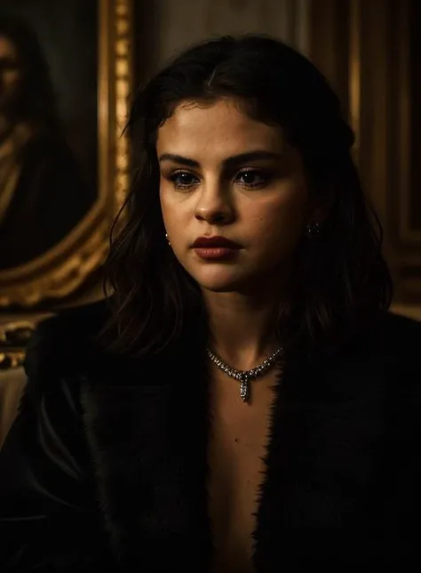 SelenaGom3z<lora:SelenaGom3z2-v15-byShurik:1>
(looking at viewer) (close up)
Woman In this striking close-up shot, we are introduced to a figure of undeniable power and menace, a drug lord exuding an aura of sophistication and danger. (Best quality: 1.3) Seated on a majestic throne, her commanding presence dominates the frame, leaving no doubt about her authority. (Masterpiece: 1.3)
Clad in a lavish fur coat, he emanates an air of opulence and extravagance, a symbol of her wealth and influence. The fur's texture and rich color amplify her imposing presence, creating a visual contrast against the darkness that envelops him. (Detailed fur coat: 1.2)
Moody and dramatic lighting casts eerie shadows across her face, adding an air of mystery and intrigue to her countenance. A single light source illuminates her features, emphasizing her sharp, piercing eyes that seem to hold the weight of untold secrets and ruthlessness. (Moody dramatic lighting: 1.4)
The room is filled with swirling smoke, creating an atmosphere of haze and concealment, hinting at the illicit activities that transpire within its walls. The smoke intertwines with the darkness, heightening the sense of danger and unpredictability that surrounds this enigmatic figure. (Smoke-filled room: 1.3)
In this close-up portrayal, we catch a glimpse of the drug lord's calculated charisma and sinister charm. The intricate play of light and shadow accentuates the duality of her character, reminding us of the inherent darkness that lurks beneath her sophisticated facade. (Close-up expression: 1.3)