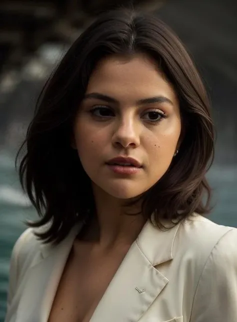 (closeu-up:1.2) SelenaGom3z <lora:SelenaGom3z3-v15-byShurik:1>
(looking at viewer) (close up) In this captivating close-up shot, we meet a woman exuding an air of authority and intrigue, a mobster in the heart of her domain. (Best quality: 1.3) Donning a classic small Fedora hat, she channels a timeless sense of style and confidence, perfectly complemented by her impeccably tailored suit. (Masterpiece: 1.3) Standing on a pier enveloped in the ethereal embrace of low-lying fog, the scene exudes an aura of mystery and anticipation. The cool morning light seeps through the mist, casting a soft, diffused glow that adds to the ambiance. (Moody morning lighting: 1.4) Her expression, a delicate balance of confidence and caution, hints at the complexities of her character. Her piercing eyes, partially veiled by the brim of her Gangster Fedora, speak volumes about her astute observation and the depth of her involvement in the clandestine world she navigates. (Close-up expression: 1.3) As the fog gently caresses the surroundings, it imbues the scene with a sense of secrecy and hidden motives, mirroring the clandestine dealings that transpire within the mobster's realm. The pier, a symbolic intersection of power and danger, serves as the backdrop to her poised presence, emphasizing her control over the illicit activities that unfold under her watch. (Low fog on the pier: 1.3) In this close-up portrayal, we catch a glimpse of the female mobster's unwavering confidence and calculated demeanor. The atmospheric setting and her stylish attire seamlessly blend to create an unforgettable image that captures the allure and danger of her world. (Detailed attire: 1.2)