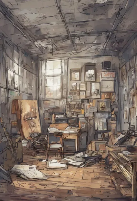 rough brushy digital painting, sketch, Abandoned Art Studio \(room\) <lora:EnvyStarlightDigitalPainting03:1>