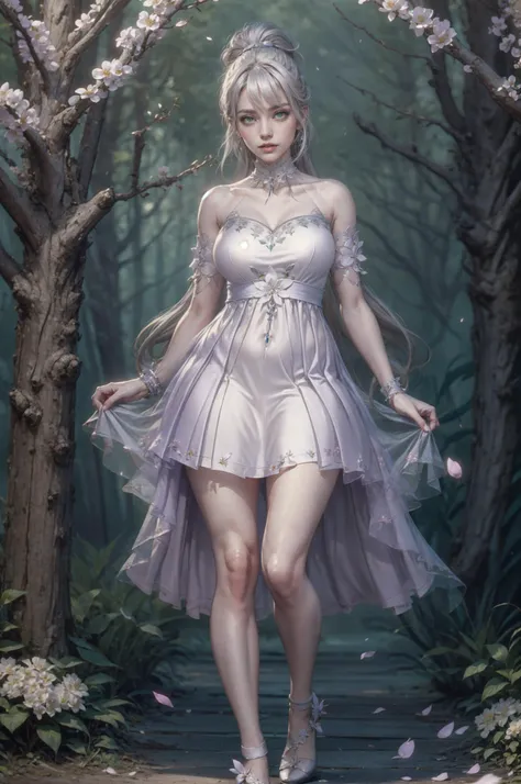 LAMageAdv, stunning woman wearing LAMageAdv, <lora:LAMageAdv:0.8>, (bangs, gray hair:1.2), high ponytail, (short dress), BREAK, hair moved by wind, walking, mid-step, stretched arms, forest, ((white trees, white flower petals, white falling petals):1.3), (white background:1.2), (white and violet theme), BREAK, (masterpiece:1.4), (4k:1.2), (extreme resolution:1.2), (highly intricate:1.2), (studio quality:1.2), (extremely detailed:1.2), (beautiful and aesthetic:1.4),