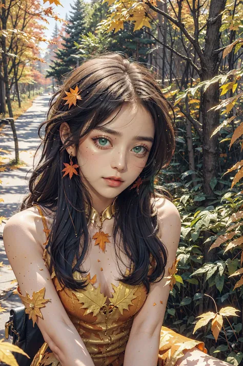 sitting, flower bed, nature, (golden theme:1.5), (autumn, orange leaves, bright background, orange forest background:1.3, white and golden background:1.5), falling white petals, ( shy:1.2), BREAK, (masterpiece:1.4), (4k:1.2), (extreme resolution:1.2), (highly intricate:1.2), (studio quality:1.2), (extremely detailed:1.2), (beautiful and aesthetic:1.4), BREAK LAstargalaxydress,<lora:LAstargalaxydress:0.7>,