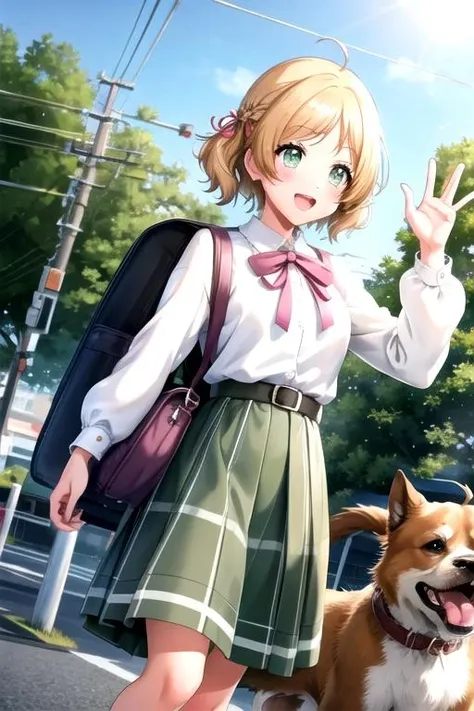 <lora:Miiko-06:0.7>, miikod4, blush, smile, open mouth, skirt, shirt, hair ornament, long sleeves, braid, :d, outdoors, sky, shoes, day, socks, belt, bag, blue sky, plaid, plaid skirt, from below, backpack, green skirt, ground vehicle, building, motor vehicle, walking, dog, city, waving, car, power lines, traffic light