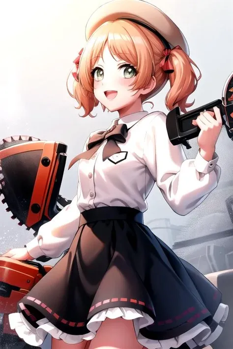 <lora:Miiko-06:0.7>, miikod4, looking at viewer, blush, smile, open mouth, skirt, shirt, long sleeves, hat, bow, holding, twintails, white shirt, :d, frills, teeth, black skirt, blood, red headwear, chainsaw, holding weapon