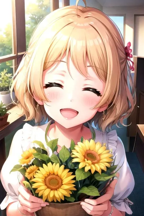 <lora:Miiko-06:0.7>, miikod4, blush, smile, open mouth, hair ornament, closed eyes, :d, portrait
