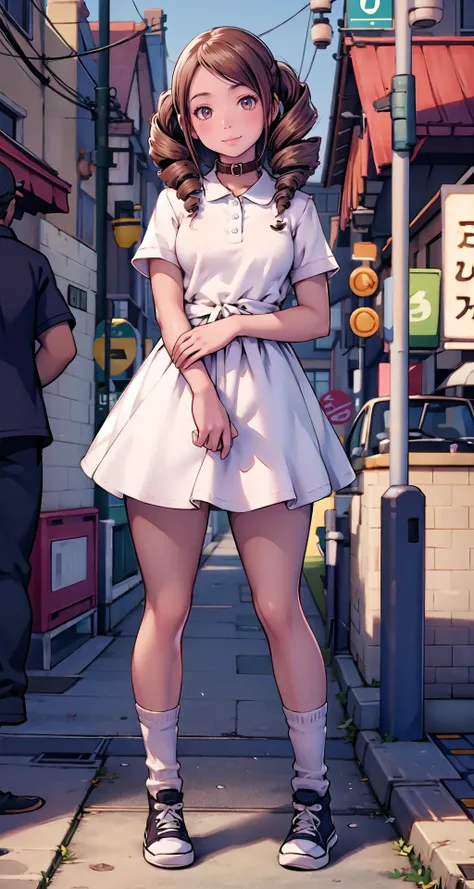 masterpiece, best quality,1girl,young girl,brown eyes,happy smile,drill hair,shiny_skin,thick_thighs,large breasts
BREAK
short sleeves polo collar dress,socks,converse
BREAK
day,street,crowd:1.1,depth of field,looking at viewer,dynamic view,((standing)),((full body)),