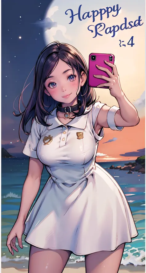 masterpiece, best quality,1girl,young girl,happy smile,shiny skin,huge breasts:1.49,armpits,short sleeves polo collar dress, beach,night,cumulonimbus,looking at viewer,standing ,selfie:1.4,