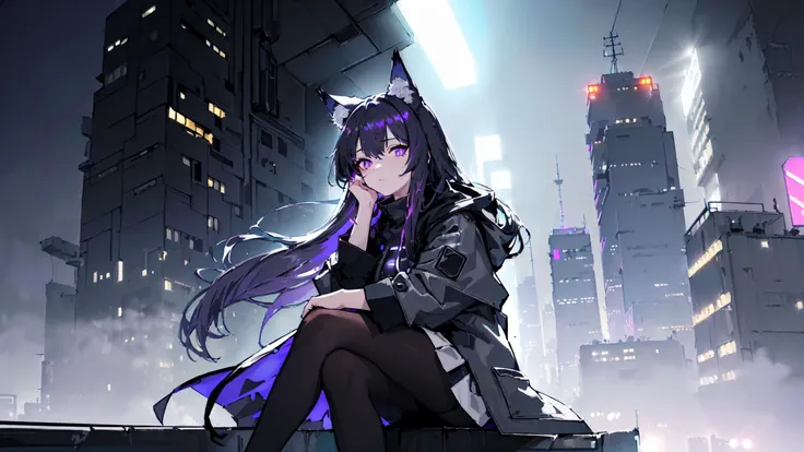 (((2girls))),(girls, elderly girl, beautiful girl),(((slice of life))),(((masterpiece, best quality, extremely detailed, delicate colors, illustration, highres, 8k))) , (((wolfgirl))),(((animal ears))), ((wolf ears)),((wolf tail)), ((cyberpunk)), (((night time))), (((dark hair, purple hair, violet hair, long hair, big eyes, grey eyes,beautiful grey eyes, beautiful face, deep blue inner color, grey hair, full body, coat, black coat, sitting, rooftop, sitting on rooftop))), (((coat, white coat, pantyhose, white, white pantyhose))) (((night, night time,outdoors, dark, city, cityscape, neon lights, streets, midnight, highway, flare, lens flare, cyberpunk, street lamp, crowd))), ((rain, wet, lights, bloom, lens effect, sea of lights, fog, mist)),(((talking, speaking, relaxed, relax, relax sit))), (anime character), (((high contrast))), backlighting, <lora:backlighting:0.1>, <lora:coloricher:1>