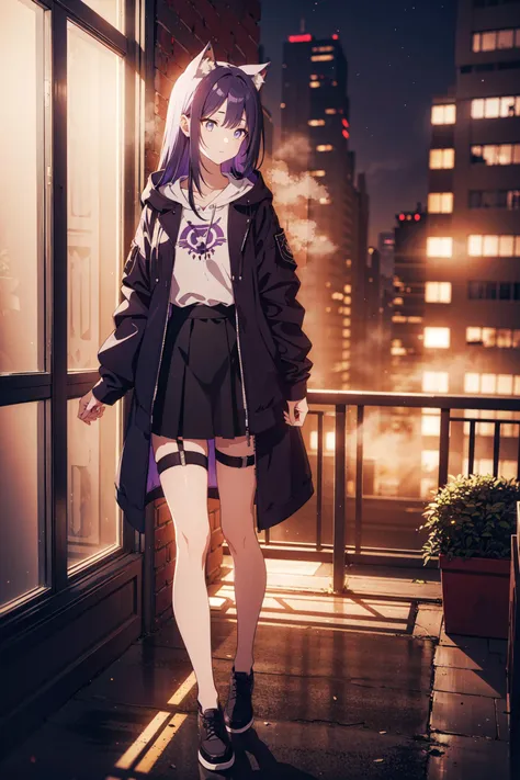 masterpiece,best quality:1.2,absurdres,1girl,solo,purple hair,(elderly girl:1.2),(young woman:1.1),wolfgirl,wolf ears,wolf tail,long hair,long purple hair,purple fur,grey eyes,coat,long coat,long black coat,coat with hoodies,hood,white shirt,black skirt,black pantyhoses,thigh ring,thigh strap,tattoo:1.4,(purple tattoo:1.3),balcony,in the balcony,standing in the balcony,tenement,apartment,apartment balcony,(slice of life:1.6),(looking outside:1.3),half body,looking away,from outside,cyberpunk:1.4,metropolis,neon lights,cityscape,scifi,night,at midnight,fog:1.2,mist:1.2,expressionless,eexpr,depth of field,<lora:eExpressions2:0.6>,black pantyhose,realistic lighting,pbr,low saturation,haze,dust,sandstorm,