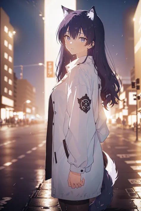 (((masterpiece, best quality))),(((2girls))),(girls, elderly girls, beautiful girls, 2_girls, cute cirls),(((slice of life))),(((masterpiece, best quality, extremely detailed, highres, 8k, wallpaper))),(((wolfgirl))),(((animal ears))),((wolf ears)),((wolf tail)),((cyberpunk)),(((night time))),(((dark hair, purple hair, violet hair, long hair, big eyes, grey eyes,beautiful grey eyes, beautiful face, deep blue inner color, grey hair, coat, black coat, rooftop))),(((coat, white coat, pantyhose, white, white pantyhose))) (((night, night time,outdoors, dark, city, cityscape, neon lights, streets, midnight, highway, flare, lens flare, cyberpunk, street lamp, crowd))),((rain, wet, lights, bloom, lens effect, sea of lights, fog, mist)),(((talking, speaking, relaxed, relax))),(anime character),(((high contrast))),backlighting,<lora:backlighting:0.4>,