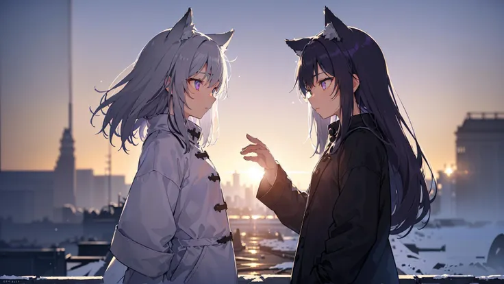 (((2girls))),(girls),(((slice of life))),(((masterpiece, best quality, extremely detailed, delicate colors, illustration, highres, 8k))) , (((wolfgirl))),(((animal ears))), ((wolf ears)),((wolf tail)), ((cyberpunk)), (((night time))), (((dark hair, purple hair, long hair, big eyes, grey eyes,beautiful grey eyes,deep blue inner color, grey hair, half body))), (((night))),(((night time))),(((outdoors, fire))), (((coat))), (((black coat))), (((white coat, trousers, grey trousers,, pockets))), (((night, nighttime, winter, outdoors, snow,snowing, heavy snow, snow field, outside, outside a house, industry, facility, factory, machines, highway))), (((flare, lens flare))), (((beam, dark sky, clouds, dawn))), (((accompany, from side))), (((ruins, close up, light, crystal, backlighting))), <lora:backlighting:0.5> , <lora:coloricher:0.6>