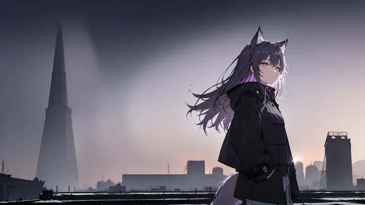 (((2girls))),(girls),(((slice of life))),(((masterpiece, best quality, extremely detailed, delicate colors, illustration, highres, 8k))) , (((wolfgirl))),(((animal ears))), ((wolf ears)),((wolf tail)), ((cyberpunk)), (((night time))), (((dark hair, purple hair, violet hair, long hair, big eyes, grey eyes,beautiful grey eyes,deep blue inner color, grey hair, half body))), (((night))),(((night time))),(((outdoors, fire))), (((coat))), (((black coat))), (((white coat, trousers, grey trousers,, pockets))), (((night, nighttime, winter, outdoors, snow,snowing, heavy snow, snow field, outside, outside a house, electric tower, industry, facility, factory, machines, highway))) (((flare, lens flare, cyberpunk, neon))), (((beam, dark sky, clouds, cloudy, storm clouds))), (((accompany, from side))), (((ruins, close up, light, crystal, backlighting))), <lora:backlighting:0.5>