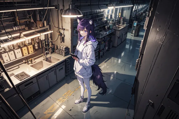 masterpiece,best quality:1.2,extremely detailed,eexpr,full body,purple hair,long hair,dark hair,wolfgirl,wolf ears,wolf tail,long purple hair,purple fur,grey eyes,white pantyhoses,wires,cables,electric cables,cyberpunk,white coat,laboratory,lab,factory,industry,machines,night,midnight,blue lights,grunge,standing,holding a tablet,engineer,from above,indoors,