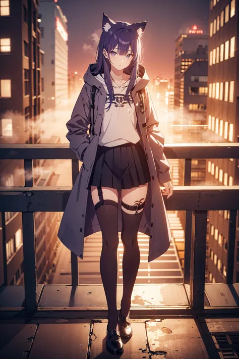 masterpiece,best quality:1.2,absurdres,1girl,solo,purple hair,(elderly girl:1.2),(young woman:1.1),wolfgirl,wolf ears,wolf tail,long hair,long purple hair,purple fur,grey eyes,coat,long coat,long black coat,coat with hoodies,hood,white shirt,black skirt,black pantyhoses,thigh ring,thigh strap,tattoo:1.4,(purple tattoo:1.3),balcony,in the balcony,standing in the balcony,tenement,apartment,apartment balcony,(slice of life:1.6),(looking outside:1.3),half body,looking away,from outside,cyberpunk:1.4,metropolis,neon lights,cityscape,scifi,night,at midnight,fog:1.2,mist:1.2,expressionless,eexpr,depth of field,<lora:eExpressions2:0.6>,black pantyhose,realistic lighting,pbr,low saturation,haze,dust,sandstorm,