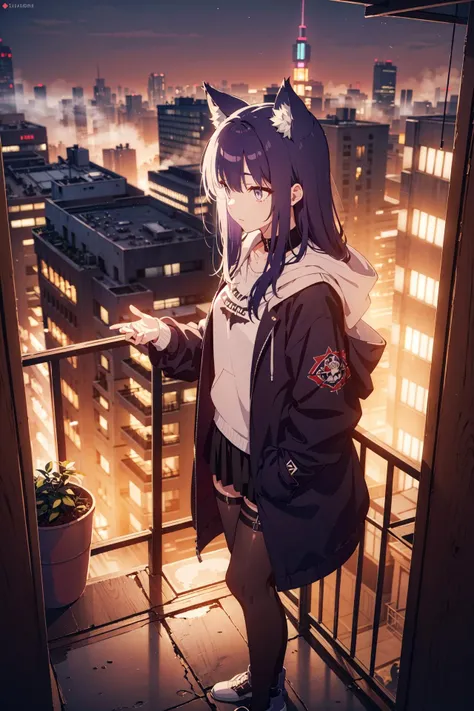 masterpiece,best quality:1.2,absurdres,1girl,solo,purple hair,(elderly girl:1.2),(young woman:1.1),wolfgirl,wolf ears,wolf tail,long hair,long purple hair,purple fur,grey eyes,coat,long coat,long black coat,coat with hoodies,hood,white shirt,black skirt,black pantyhoses,thigh ring,thigh strap,tattoo:1.4,(purple tattoo:1.3),balcony,in the balcony,standing in the balcony,tenement,apartment,apartment balcony,(slice of life:1.6),(looking outside:1.3),half body,looking away,from outside,cyberpunk:1.4,metropolis,neon lights,cityscape,scifi,night,at midnight,fog:1.2,mist:1.2,expressionless,eexpr,depth of field,<lora:eExpressions2:0.6>,black pantyhose,realistic lighting,pbr,low saturation,haze,dust,sandstorm,