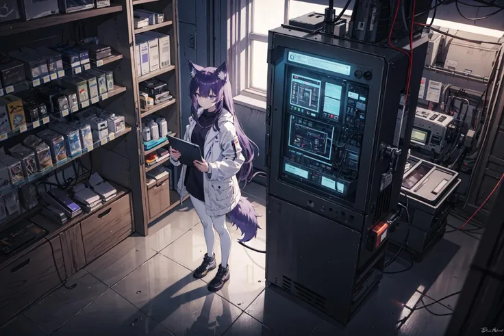 masterpiece,best quality:1.2,extremely detailed,eexpr,full body,purple hair,long hair,dark hair,wolfgirl,wolf ears,wolf tail,long purple hair,purple fur,grey eyes,white pantyhoses,wires,cables,electric cables,cyberpunk,white coat,laboratory,lab,factory,industry,machines,night,midnight,blue lights,grunge,standing,holding a tablet,engineer,from above,indoors,