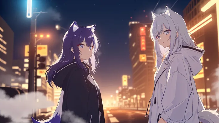 (((2girls))),(girls, elderly girls, beautiful girls, 2_girls, cute cirls),(((slice of life))),(((masterpiece, best quality, extremely detailed, highres, 8k, wallpaper))),(((wolfgirl))),(((animal ears))),((wolf ears)),((wolf tail)),((cyberpunk)),(((night time))),(((dark hair, purple hair, violet hair, long hair, big eyes, grey eyes,beautiful grey eyes, beautiful face, deep blue inner color, grey hair, coat, black coat, rooftop))),(((coat, white coat, pantyhose, white, white pantyhose))) (((night, night time,outdoors, dark, city, cityscape, neon lights, streets, midnight, highway, flare, lens flare, cyberpunk, street lamp, crowd))),((rain, wet, lights, bloom, lens effect, sea of lights, fog, mist)),(((talking, speaking, relaxed, relax))),(high contrast),backlighting,<lora:backlighting:0.2>,