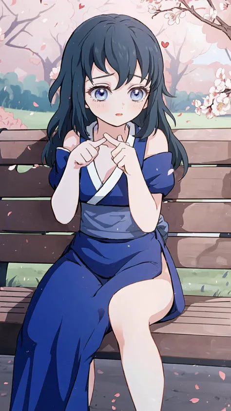 big eyes, <lora:Suma:0.9> 1girl, long hair, blue eyes, black hair, cleavage, bare shoulders, japanese clothes, cute, girly, blush, shy, BREAK, <lora:fellatrix artstyle, eyeshadow, makeup:0.8> fellatrix artstyle, eyeshadow, makeup <lora:CupidTech-22:0.6> cupidtech, hearts, love, flirting, BREAK, <lora:concept_indexfingerstogether-10:0.8> (index fingers together:1.25), BREAK, outdoors, park bench, park, cherry blossoms,, masterpiece, best quality, extremely detailed, highly quality, 4k, sharp focus, professional, sharp focus, award winning, cinematic lighting, octane render, unreal engine, volumetrics dtx, Wallpaper,