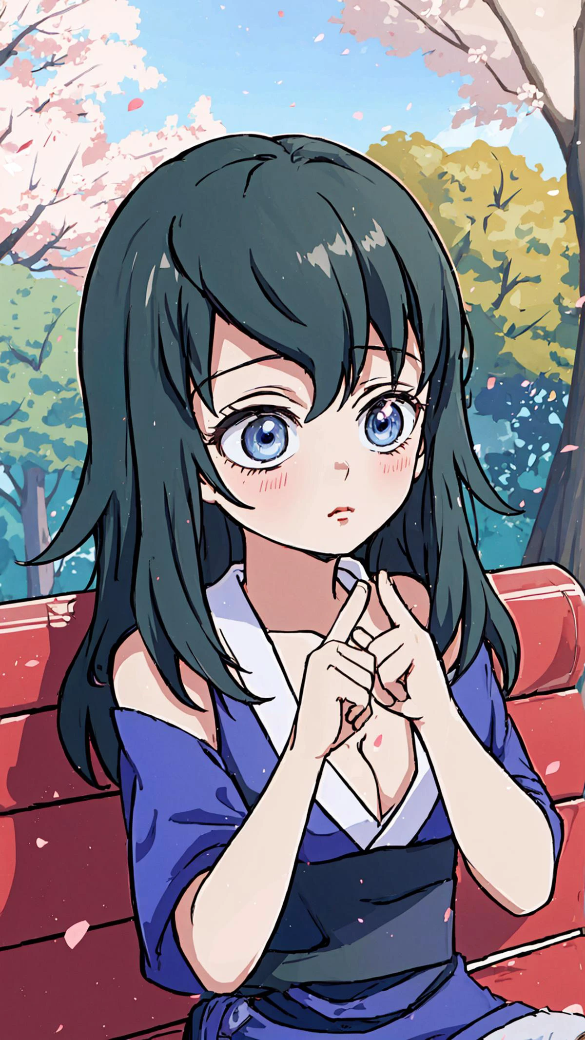 big eyes, <lora:Suma:0.9> 1girl, long hair, blue eyes, black hair, cleavage, bare shoulders, japanese clothes, cute, girly, blush, shy, BREAK, <lora:fellatrix artstyle, eyeshadow, makeup:0.8> fellatrix artstyle, eyeshadow, makeup <lora:CupidTech-22:0.6> cupidtech, hearts, love, flirting, BREAK, <lora:concept_indexfingerstogether-10:0.8> (index fingers together:1.25), BREAK, outdoors, park bench, park, cherry blossoms,, masterpiece, best quality, extremely detailed, highly quality, 4k, sharp focus, professional, sharp focus, award winning, cinematic lighting, octane render, unreal engine, volumetrics dtx, Wallpaper,