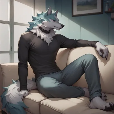 score_9, score_8_up, score_7_up, <lora:ShirouOgamiPonyXL:1>, shirou ogami, wolf anthro, black shirt, tight clothing, long sleeves, collar, detailed background, sitting, room, couch