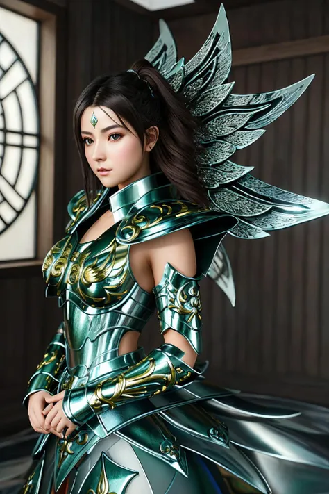 <lora:saint_cloth_v2:1> masterpiece of photorealism, photorealistic highly detailed 8k photography, best hyperrealistic quality, volumetric lighting and shadows, young woman in saint_cloth divine_armor, sleek hair dark brown, Japanese Zen Gardens, Stunning Aerial Spiral Descent