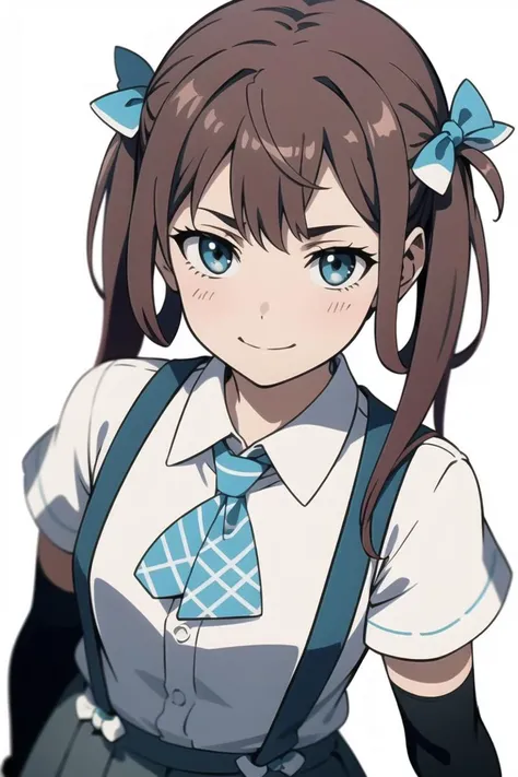 best quality, highres, 
1girl,
upper_body, portrait, official art, (white background), smile, 
<lora:Asagumo-v0.1:1>
AsagumoKC, (white) shirt, (suspenders) skirt, (hair) ribbon, (pleated) skirt, (grey) skirt,(hair) bow, (blue) bow, arm warmers,
twintails, (blue) ascot, view from above, 
looking at viewer,,