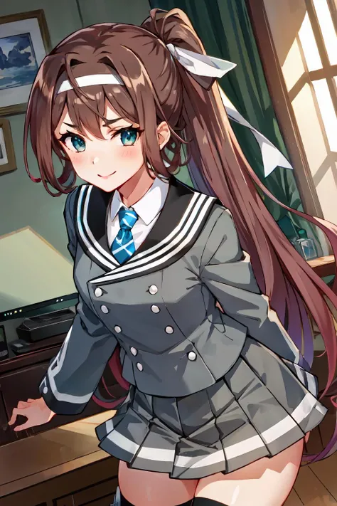 (masterpiece, best quality, illustration, delicate details, 8K:1.2), (studio light, best shadow, picturesque), styleadder, (KonishiCSA:0.7)|(KujouCSA:0.3),
BREAK, (perfect anatomy), (symmetric eyes, perfect eyes, detailed eyes:1.2), (sharp eyeliner, finely detailed beautiful face), ((blue eyes)|(brown eyes)),
BREAK, nice hands, perfect hands, hand by Guido Daniele,
BREAK, 1girl, solo,
BREAK, AsagumoLeyteKC, (white) shirt, (grey) jacket, (white) headband, (blue) necktie, (pleated) skirt, (grey) skirt, (black) thighhighs, shoes, ponytail, (long sleeves) jacket, (sailor collar) jacket,
BREAK, cowboy shot, looking at viewer, facing to viewer, smile, (indoor, office, living room), arms behind back,
BREAK, <lyco:hands:1.5>, <lora:CSA-v0.1:0.5>, <lora:Asagumo-08:1>