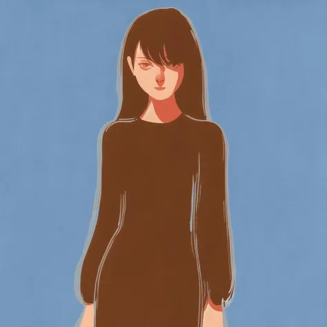 <lora:aka_outwork:1.0>, (aka_outwork:1.0), painting, drawing, paper texture, halftone background, blue hair, bodysuit, brown hair, character name, long hair