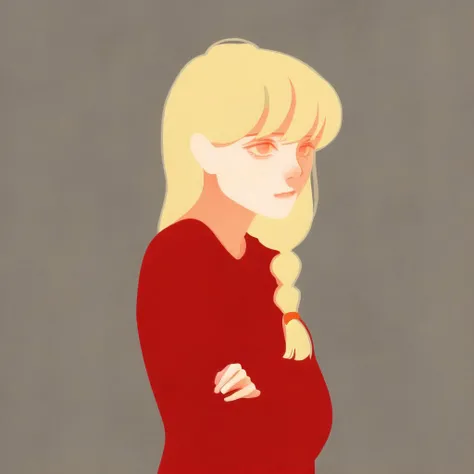 <lora:aka_outwork:1.0>, (aka_outwork:1.0), painting, drawing, paper texture, halftone background, 1girl, blonde hair, braid, casual, dress, long hair, sidelocks, single braid, solo