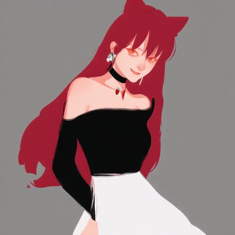 <lora:aka_outwork:1.0>, (aka_outwork:1.0), painting, drawing, paper texture, halftone background, 1girl, animal ear fluff, animal ears, bangs, bare shoulders, black choker, blood, blood on face, bloody clothes, bloody hands, breasts, brooch, brown hair, choker, cleavage, collarbone, dress, gradient, gradient background, grey background, hand up, highres, jewelry, long hair, long sleeves, looking at viewer, manichi, off-shoulder dress, off shoulder, red eyes, sketch, smile, solo, tongue, tongue out, upper body, very long hair, white dress, wide sleeves, wolf ears