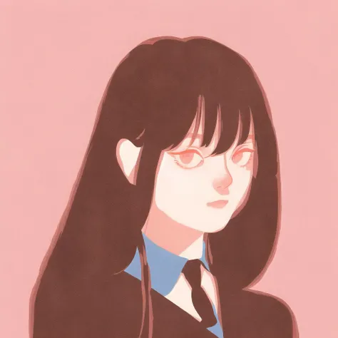 <lora:aka_outwork:1.0>, (aka_outwork:1.0), painting, drawing, paper texture, halftone background, 1girl, animal, brown hair, cat, cyocomi3, female, flat color, long hair, looking to the side, pink background, school uniform, simple background, solo, uniform, upper body