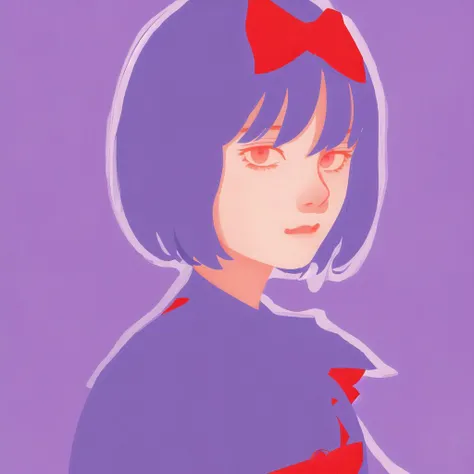 <lora:aka_outwork:1.0>, (aka_outwork:1.0), painting, drawing, paper texture, halftone background,
1girl, bow, dress, female focus, frills, hat, lightning, purple hair, red eyes, ribbon, shawl, short hair, solo