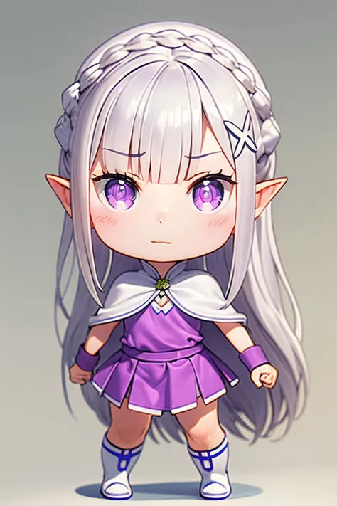 (CHIBI:1.3),(full body),simple_background,
<lora:(_YvupNuLum;)aZmh<.r11V:0.7>,
1girl,solo,emilia (re:zero),pointy ears,purple eyes,grey hair,white hair,very long hair,blunt bangs,
YWSA,crown braid,sidelocks,x hair ornament,green bow,purple dress,white capelet,white coat,purple wristband,white boots,
(make a fist),
<lora:[uk]SJ[[Ro+h<.1670393268134119576:0.25>,
SEMI-REALISTIC ANIME,