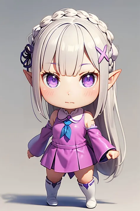 (CHIBI:1.3),(full body),simple_background,
<lora:(_YvupNuLum;)aZmh<.r11V:0.7>,
1girl,solo,emilia (re:zero),pointy ears,purple eyes,grey hair,white hair,very long hair,blunt bangs,
YW,crown braid,sidelocks,x hair ornament,hair flower,purple ribbon,purple dress,detached collar,neckerchief,gem,detached sleeves,long sleeves,shoulder cutout,bare thighs,white boots,
(make a fist),
<lora:[uk]SJ[[Ro+h<.1670393268134119576:0.25>,
SEMI-REALISTIC ANIME,